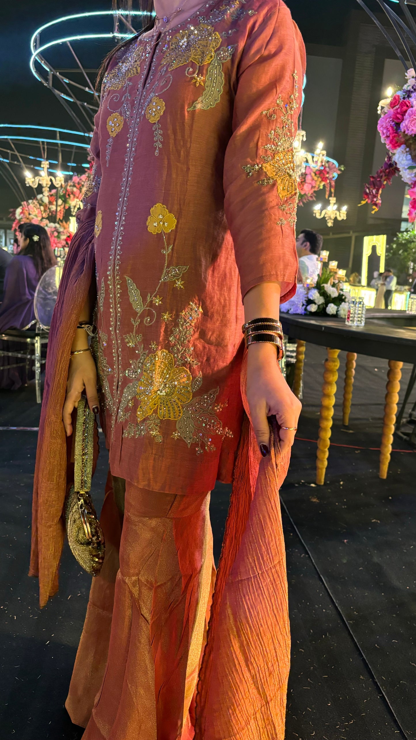 Embroidered Mul Chanderi Kurta and Tissue Gharara set for women - Suit Set Kurti Pant Dupatta Set