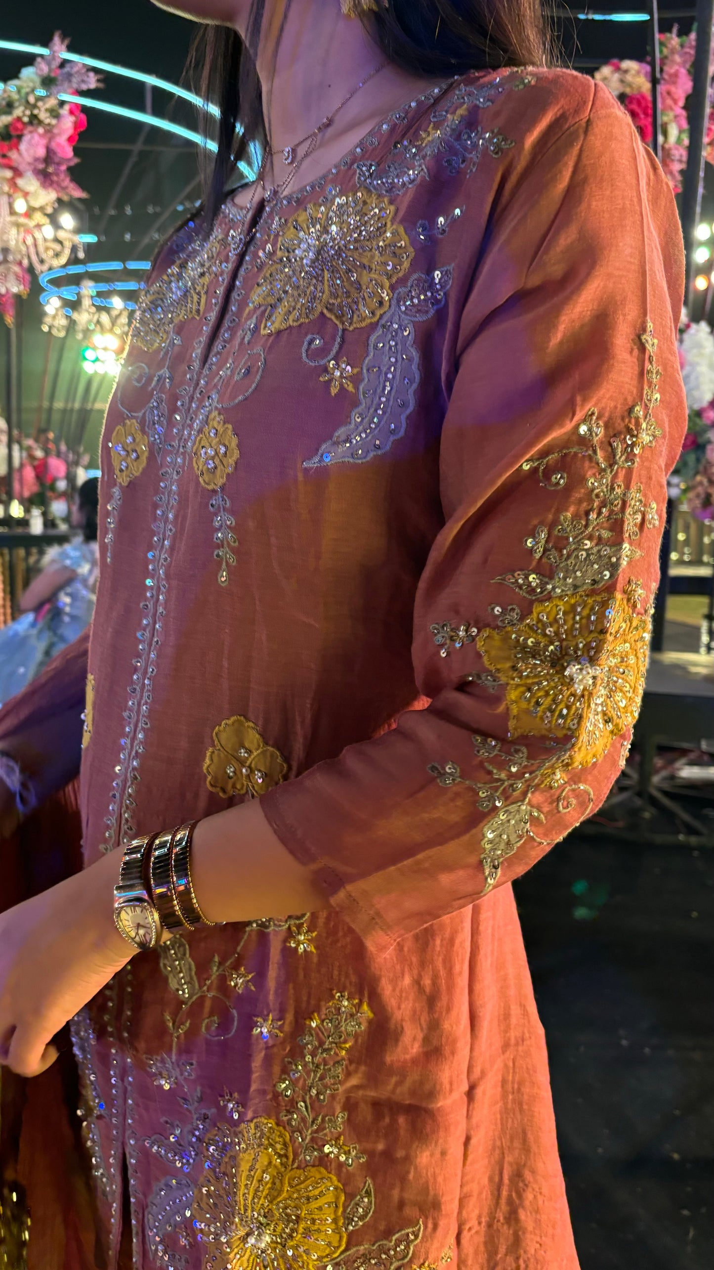Embroidered Mul Chanderi Kurta and Tissue Gharara set for women - Suit Set Kurti Pant Dupatta Set