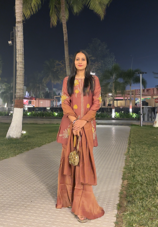 Embroidered Mul Chanderi Kurta and Tissue Gharara set for women - Suit Set Kurti Pant Dupatta Set