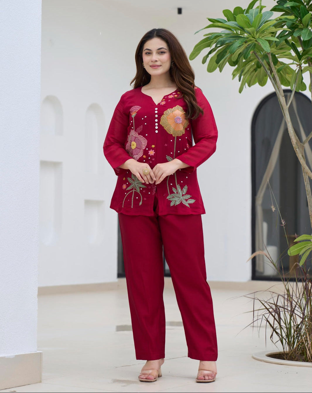 Red floral embroidered Co-ord set
