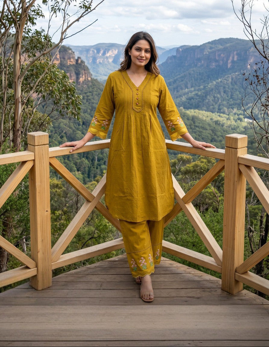floral lace kurta pant set for women