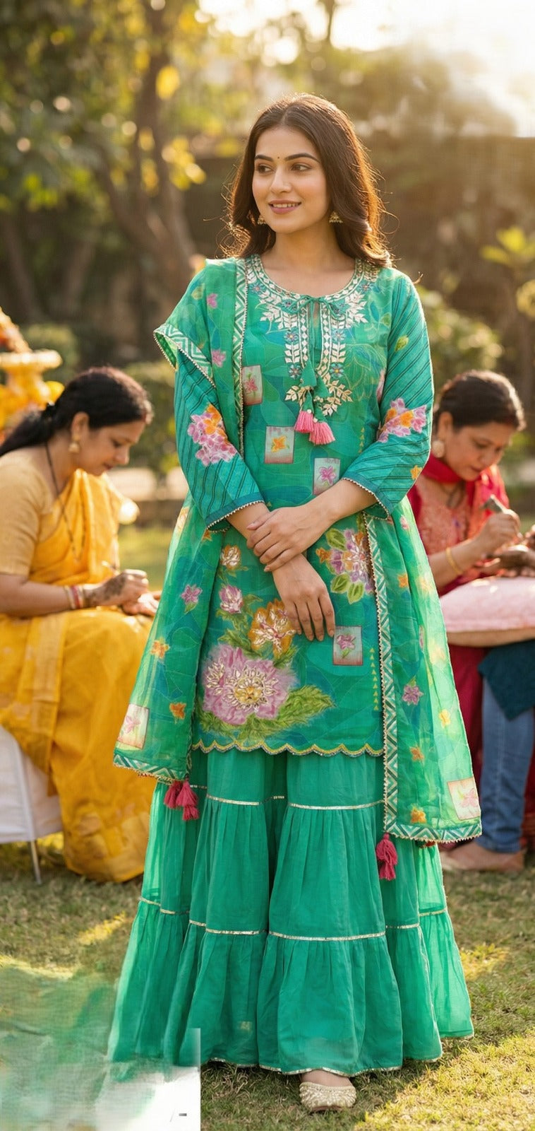 Green Muslin attached sharara gown with dupatta for Women - Kurti Pant Set