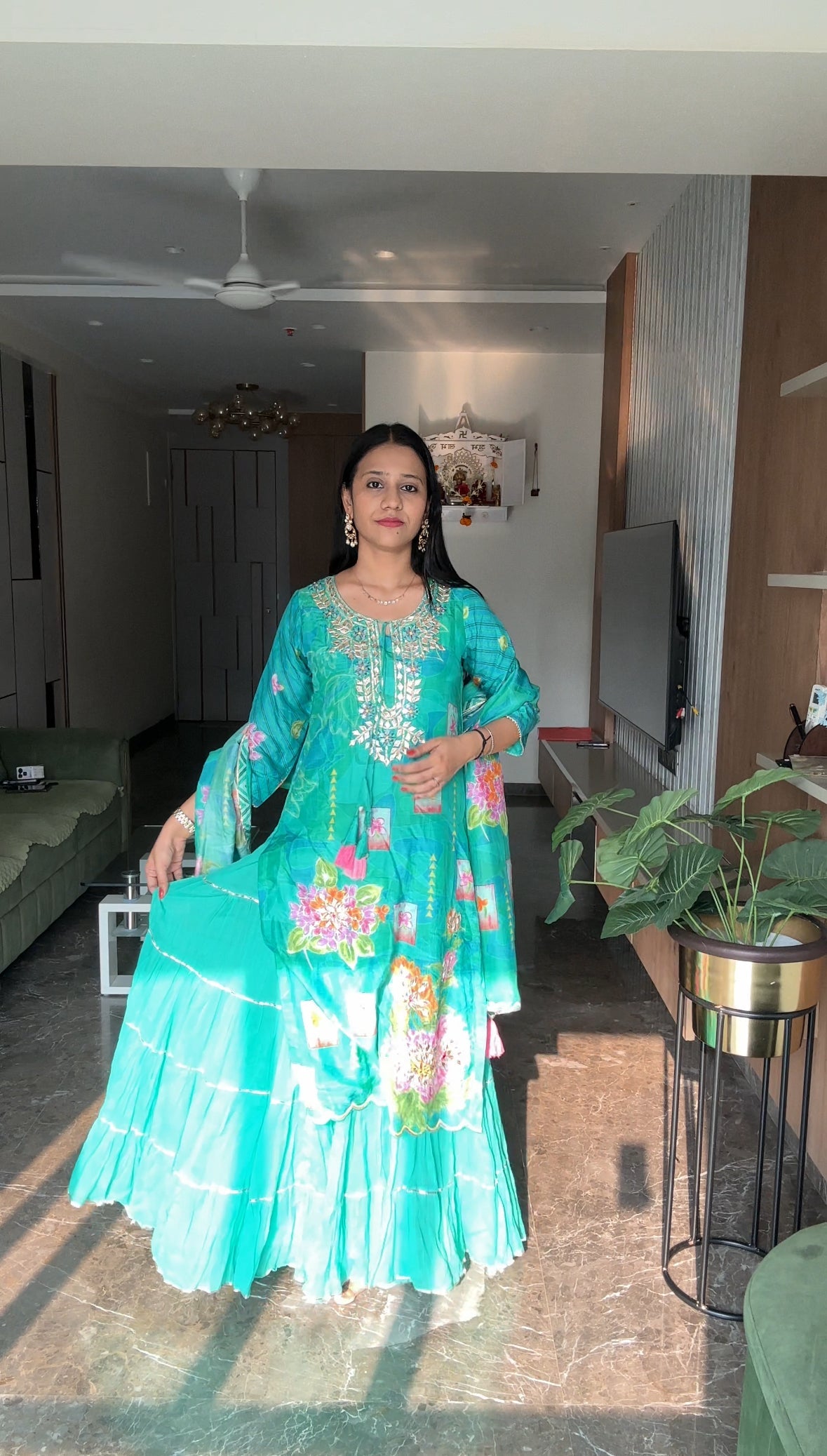 Green Muslin attached sharara gown with dupatta for Women - Kurti Pant Set