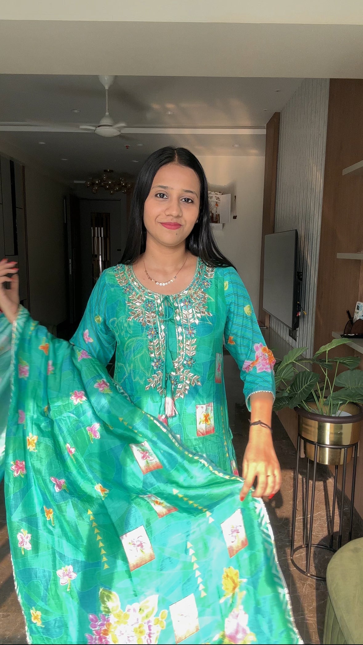 Green Muslin attached sharara gown with dupatta for Women - Kurti Pant Set