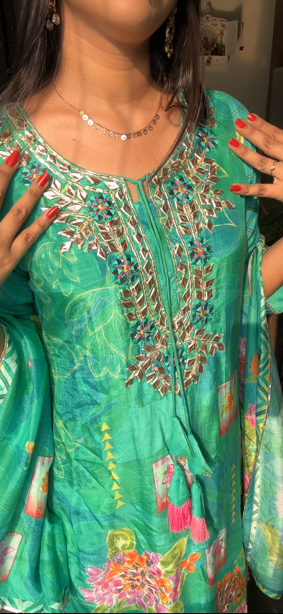 Green Muslin attached sharara gown with dupatta for Women - Kurti Pant Set