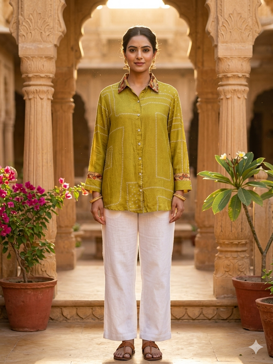 Peacock Bandhani Printed Indo-Western Crepe Shirt