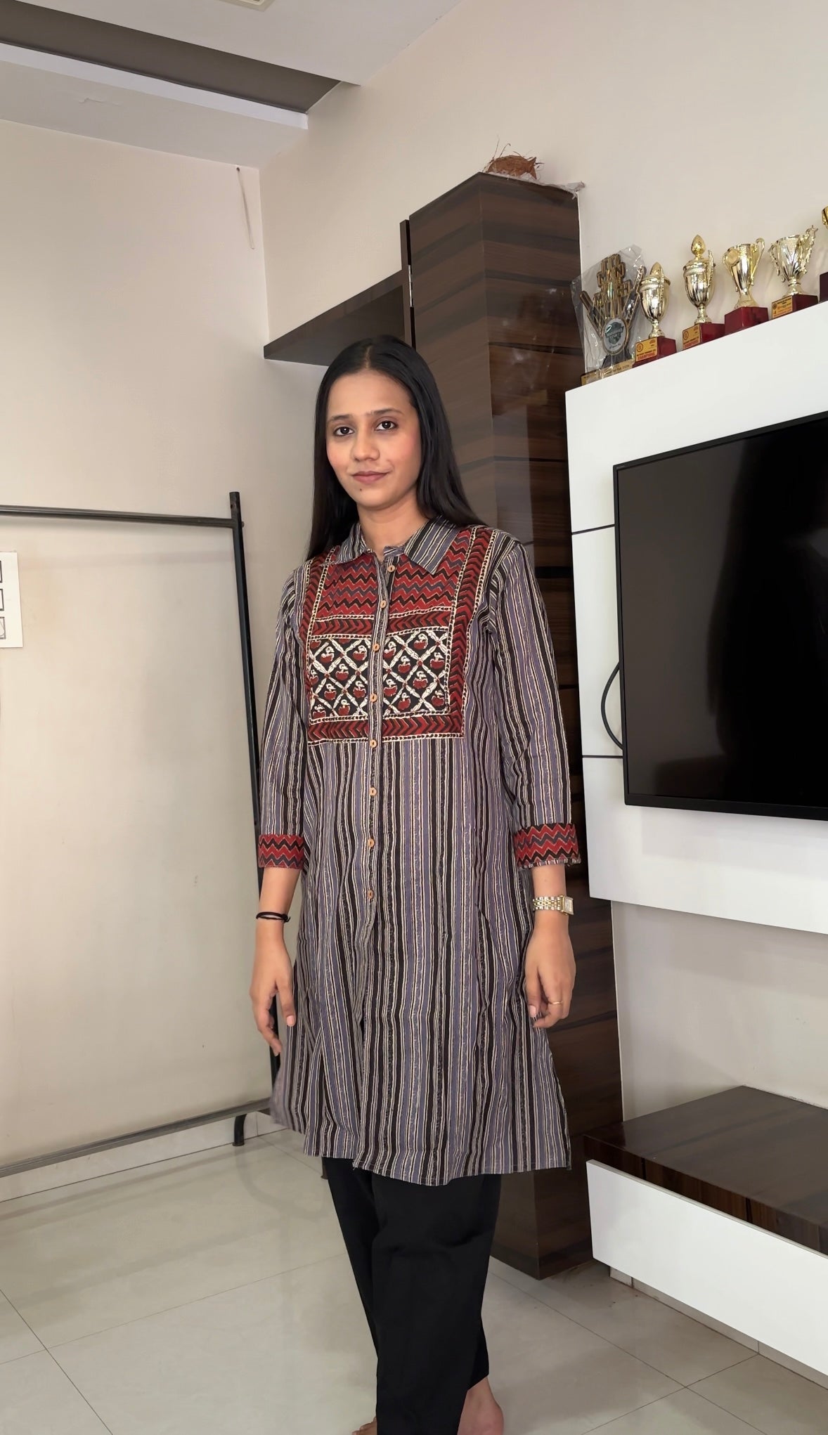 Grey Red Cotton Kurti Pant Set