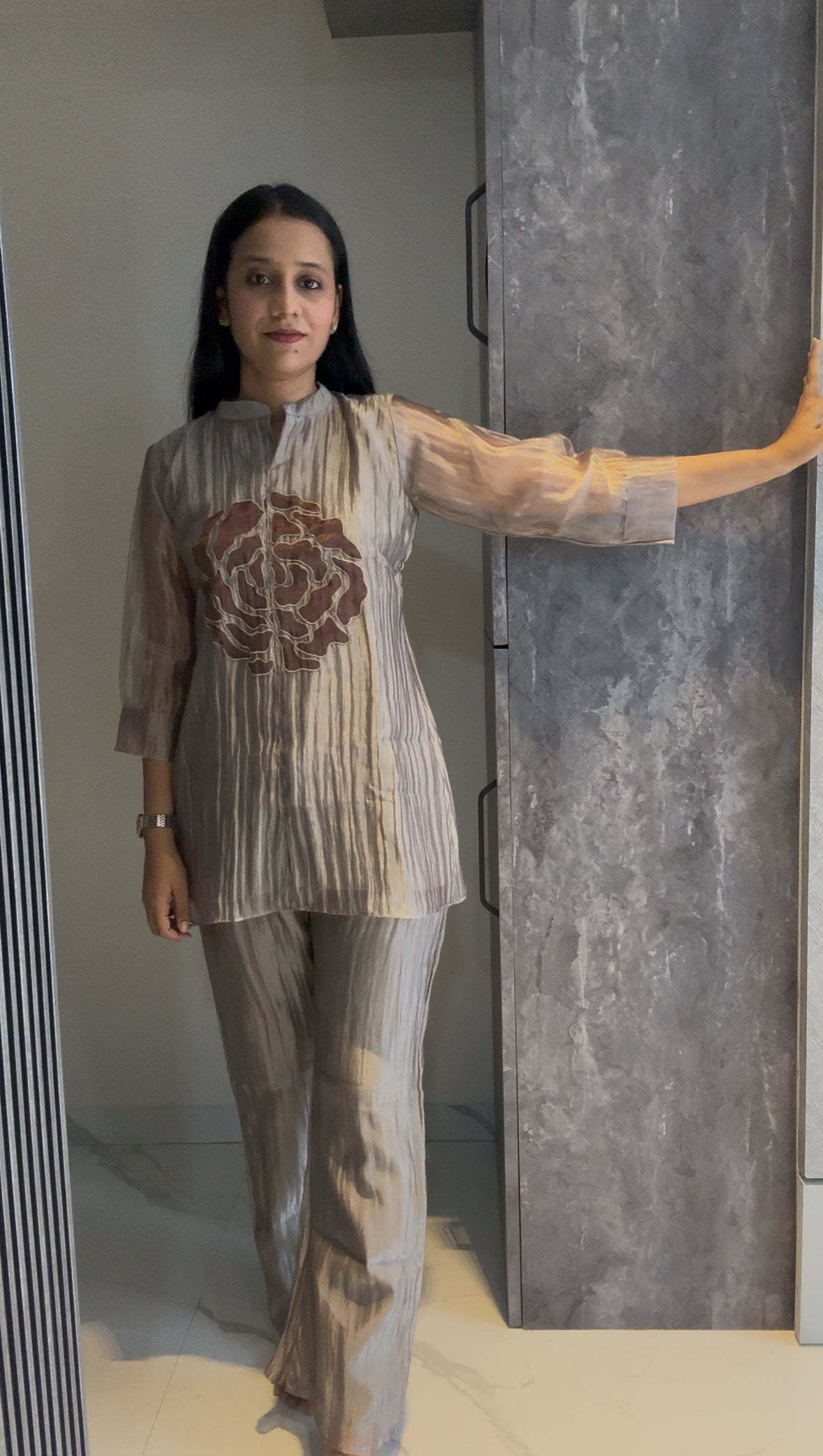 rakhi outfit grey tissue patchwork floral coord set for women