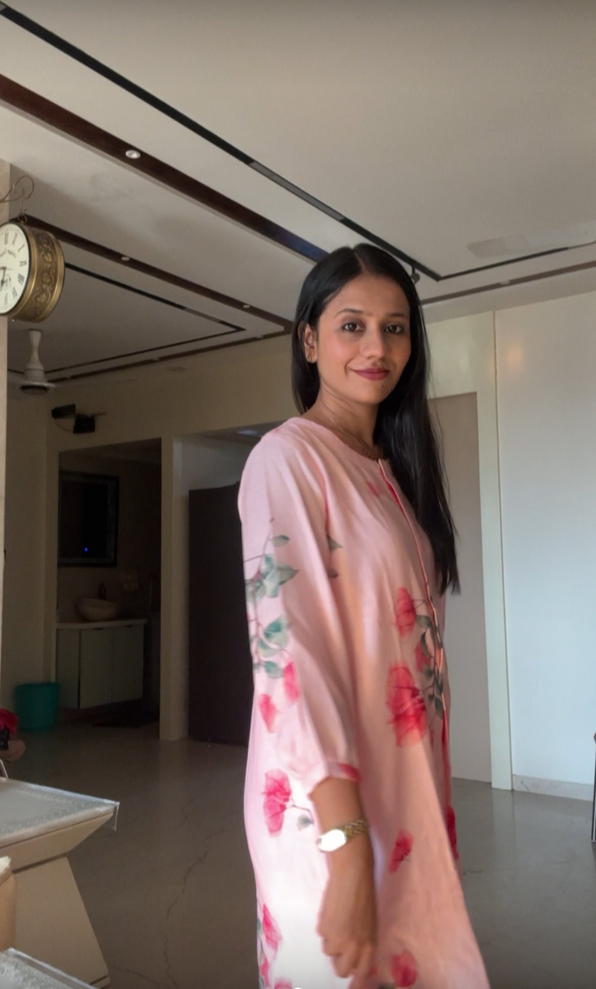 Pink Cotton Linen Floral Kurti Pant set