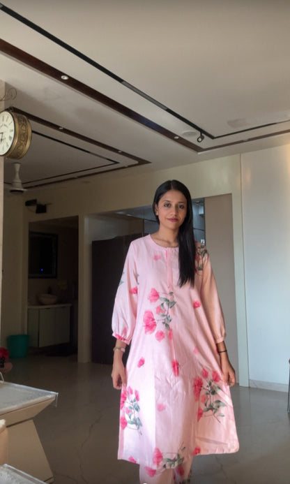 Pink Cotton Linen Floral Kurti Pant set