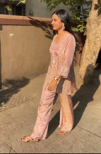Peach Tissue Indo-Western Set- Blouse Kurta and Palazzo - Kurti Pant Set