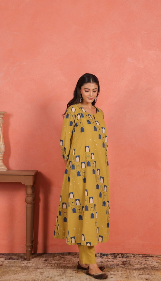 harvest yellow jharoka print kurti pant dupatta set for women