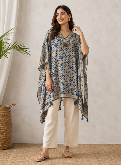 Stone Beige & Indigo Blue Kaftan