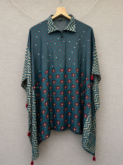 Blue Floral Printed Fusion Kaftan Top