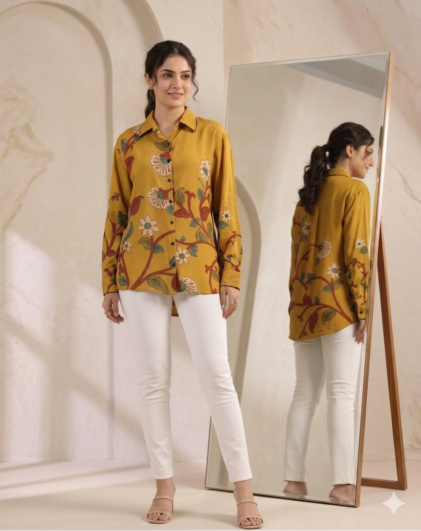 officewear kalamkari mustard shirt for women