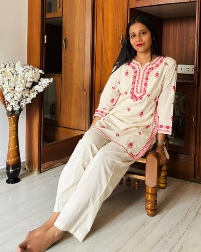 Mirror Work Emroidered Cotton Short Kurti Pant set - Coord Set for Women