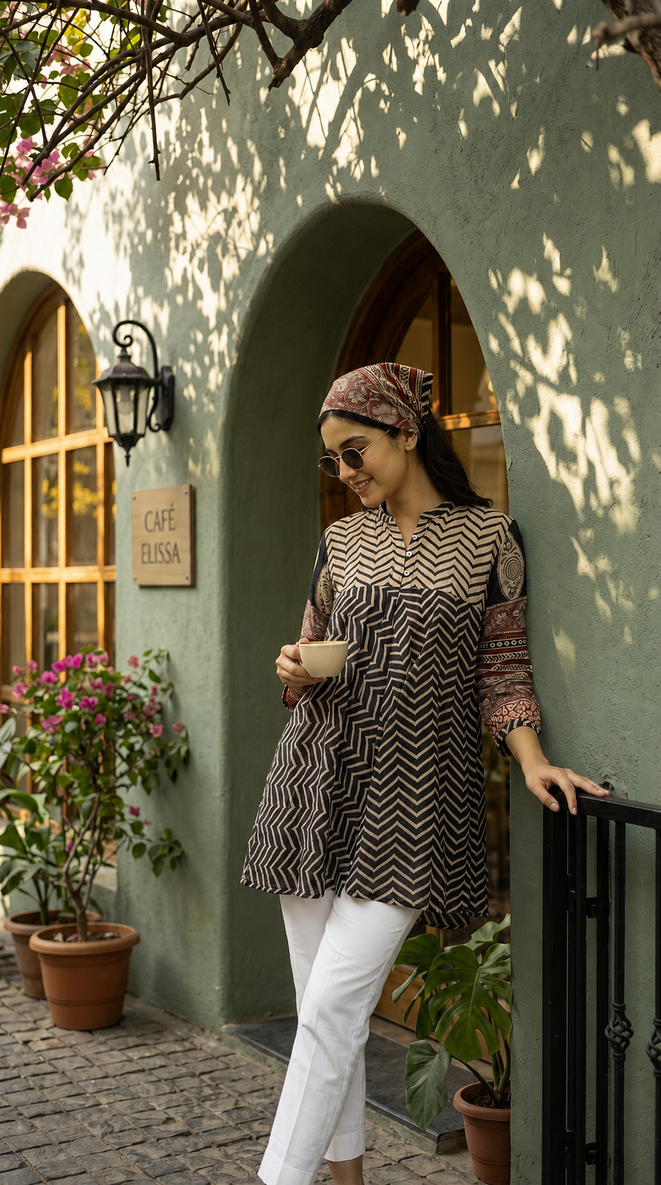 Black Chevron Print Fusion A-Line Kurti