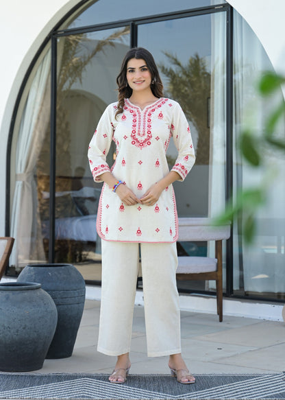 Mirror Work Emroidered Cotton Short Kurti Pant set - Coord Set for Women