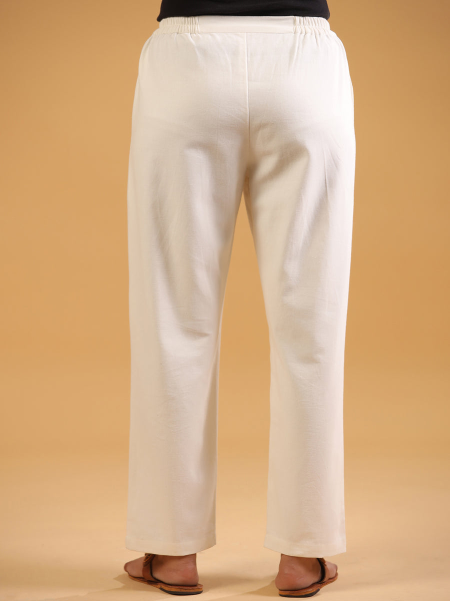 White Cotton Solid Relaxed fit trouser