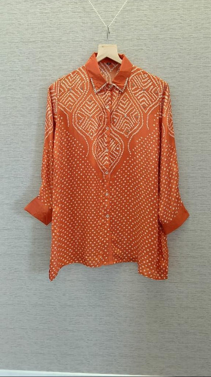 orange shirt bandhej print for women