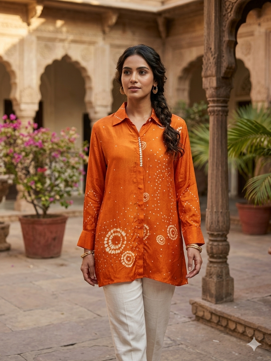 Orange Designer Bandhani Printed Crepe Shirt Top