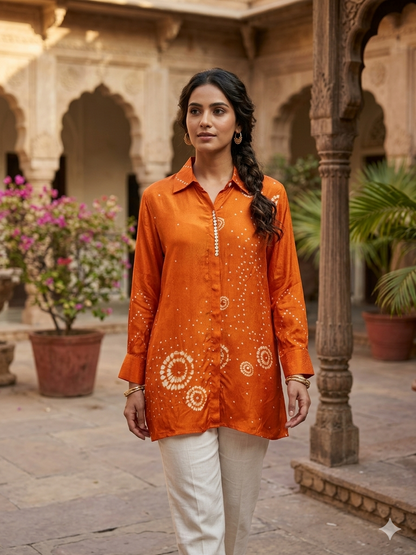 Orange Designer Bandhani Printed Crepe Shirt Top