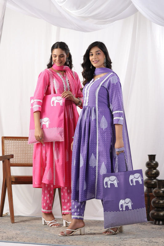 Pink Shalwar suit with Tote Bag - Suit Set Kurti Pant Dupatta Set