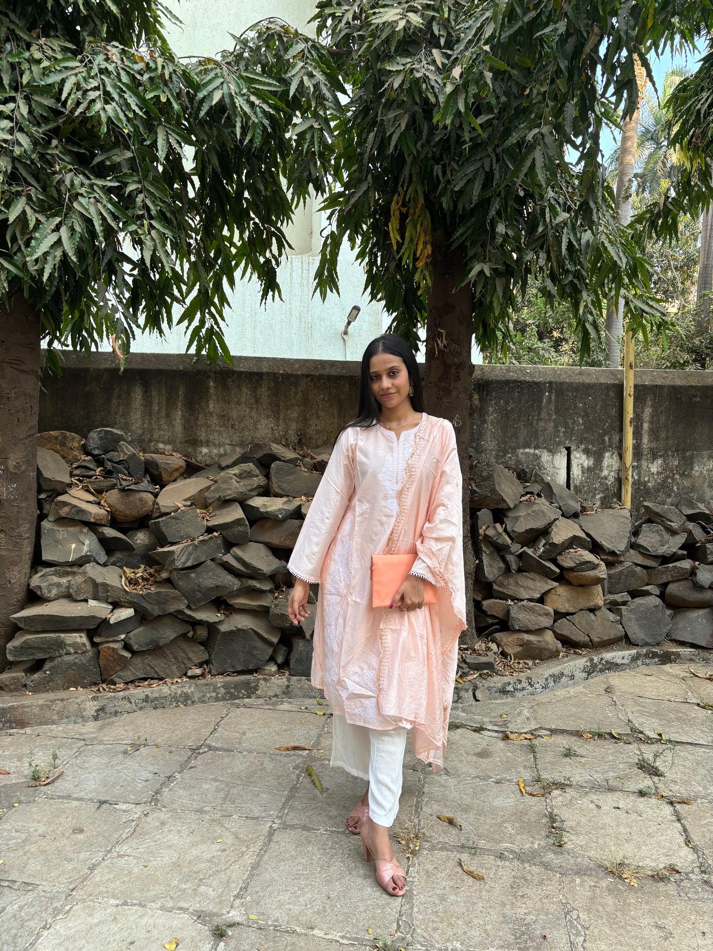 Peach Thread Embroidered Viscose Kurta Set With Thread & Mirror Work dupatta - Suit Set Kurti Pant Dupatta Set