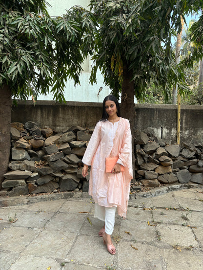 Peach Thread Embroidered Viscose Kurta Set With Thread & Mirror Work dupatta - Suit Set Kurti Pant Dupatta Set