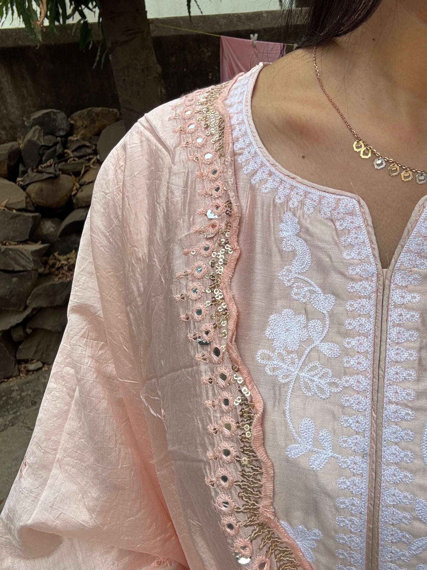 Peach Thread Embroidered Viscose Kurta Set With Thread & Mirror Work dupatta - Suit Set Kurti Pant Dupatta Set