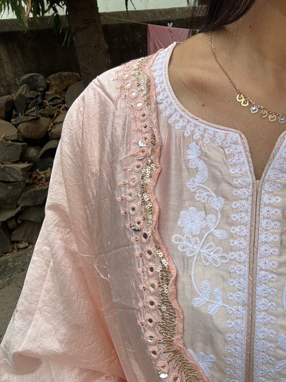 Peach Thread Embroidered Viscose Kurta Set With Thread & Mirror Work dupatta - Suit Set Kurti Pant Dupatta Set
