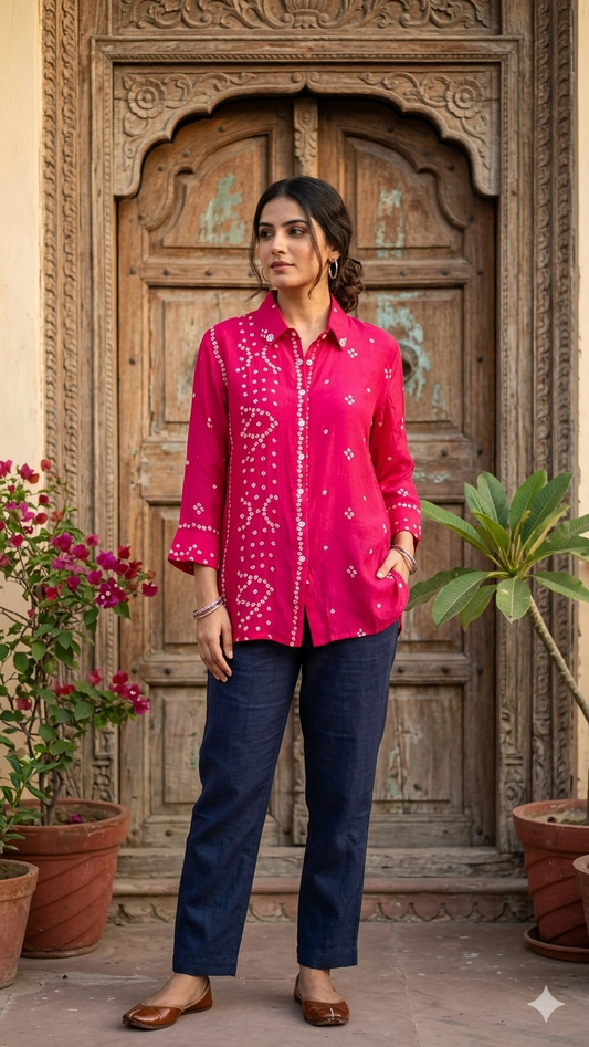 Pink Bandhani Printed Indo-Western Crepe Shirt Top