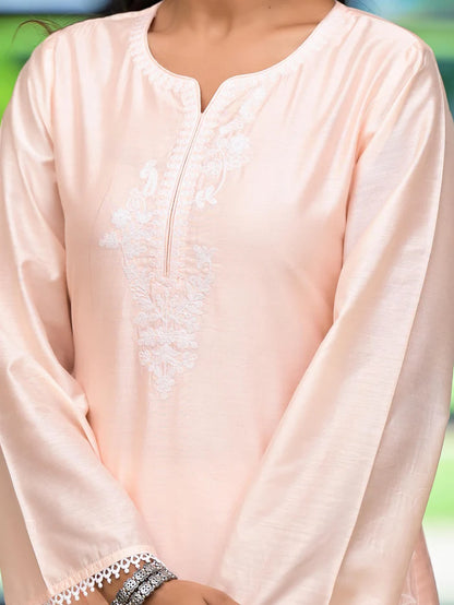 Peach Thread Embroidered Viscose Kurta Set With Thread & Mirror Work dupatta - Suit Set Kurti Pant Dupatta Set