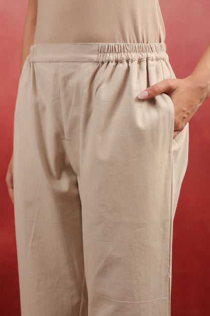Beige Cotton Solid Relaxed fit pant