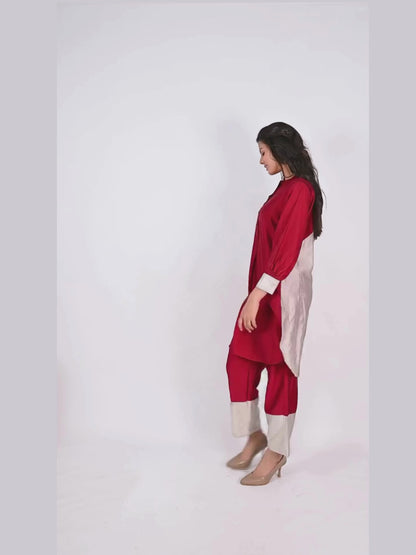 Maroon and Gray Floral Patch Work Festive Co-Ord set