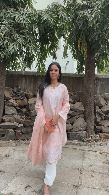 Peach Thread Embroidered Viscose Kurta Set With Thread & Mirror Work dupatta