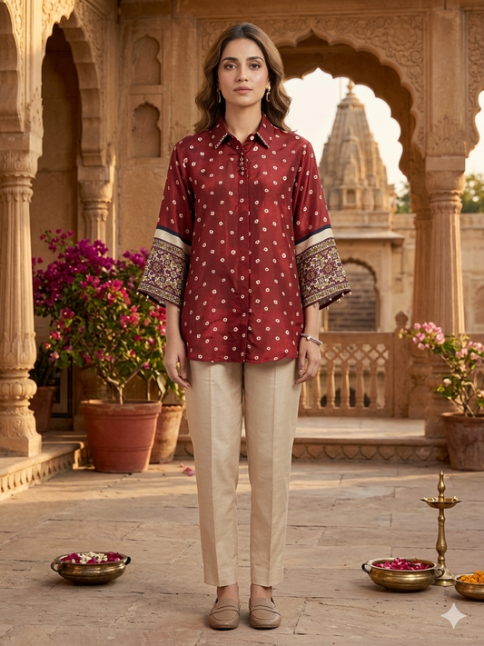 Red Ajrakh and Bandhani Printed Indo-Western Crepe Shirt - shirt
