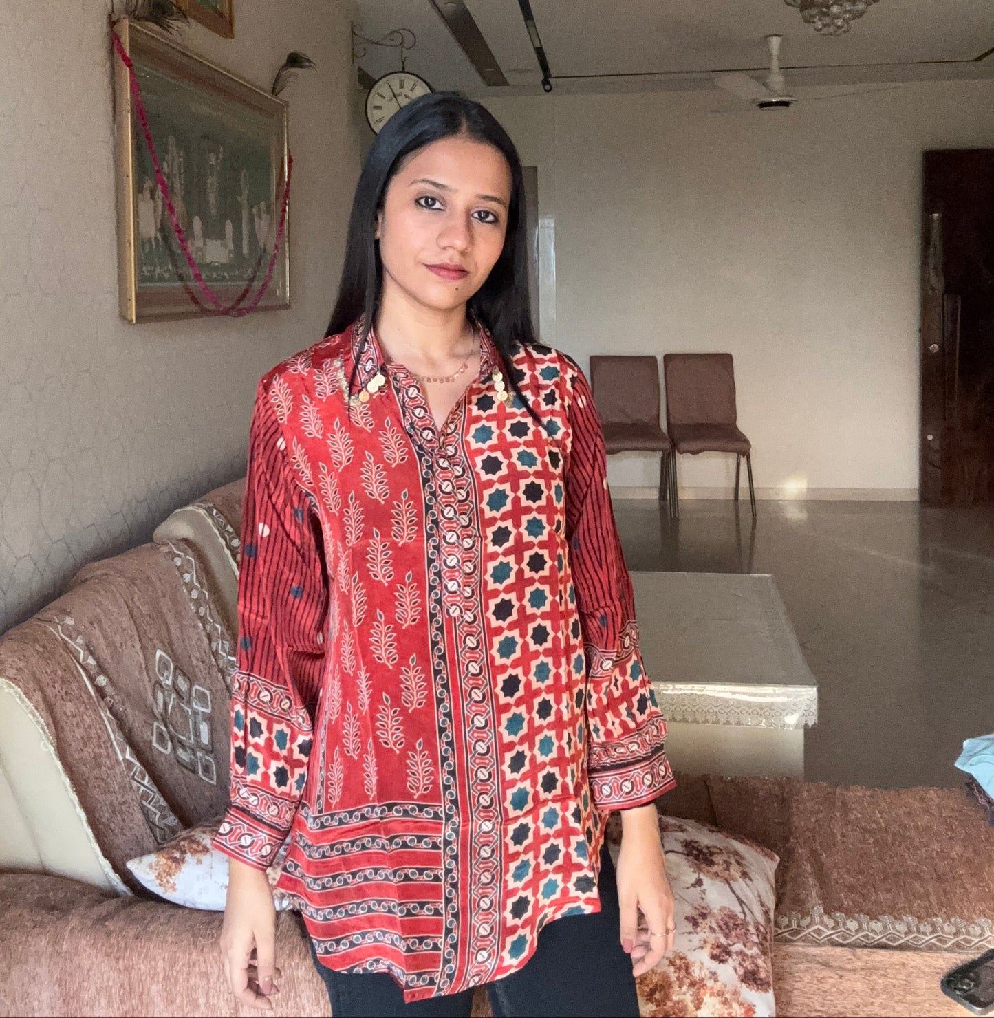 Red Ajrakh Printed Indo-Western Crepe Shirt Top