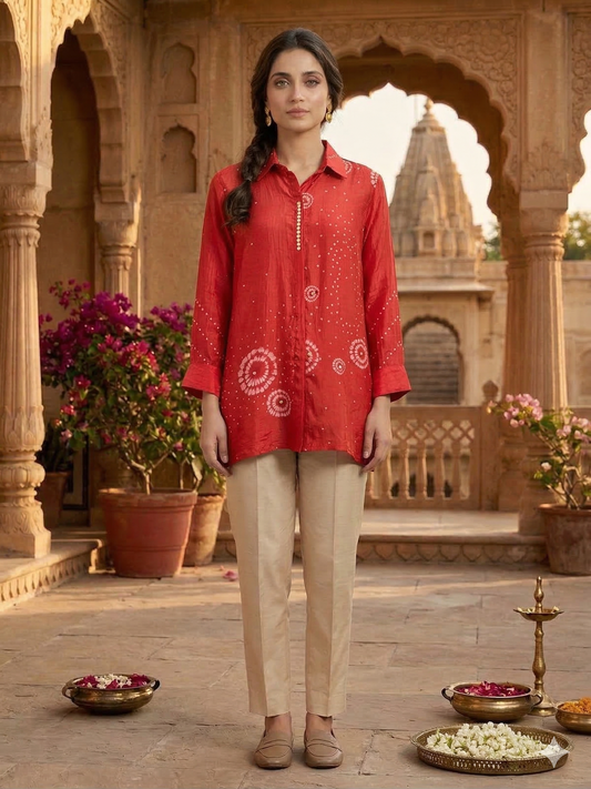 Red Designer Bandhani Printed Crepe Shirt Top