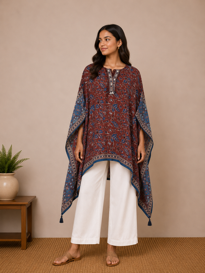 Red blue Floral Fusion Kaftan Top
