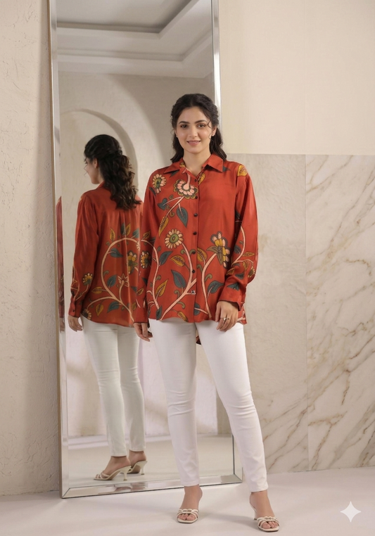 Red Kalamkari-Inspired Floral Muslin Shirt