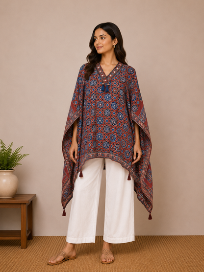 Red Ajrakh Inspired Fusion Kaftan Top