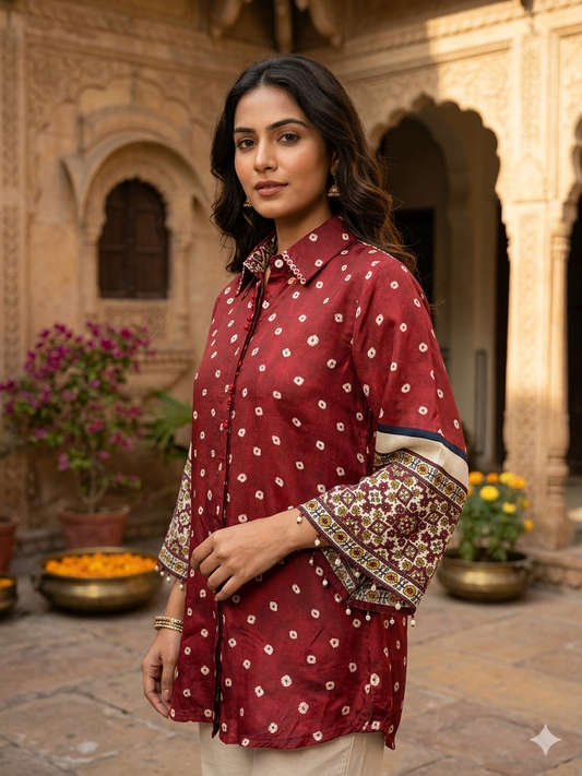 Red Ajrakh and Bandhani Printed Indo-Western Crepe Shirt - shirt