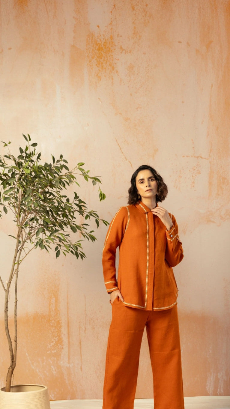 Rust Cotton Linen Co-Ord with Printed Trims