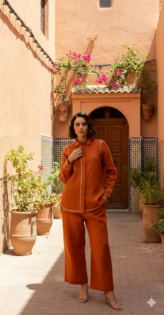 Rust Cotton Linen Co-Ord with Printed Trims