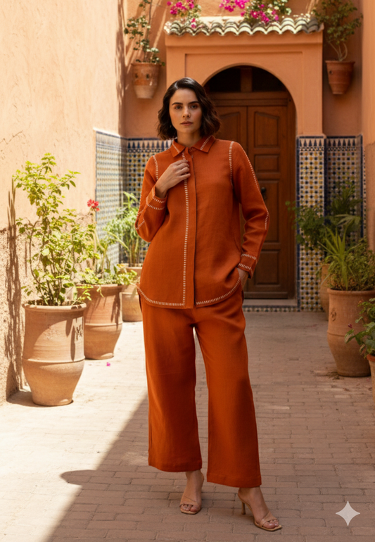 Rust Cotton Linen Co-Ord with Printed Trims