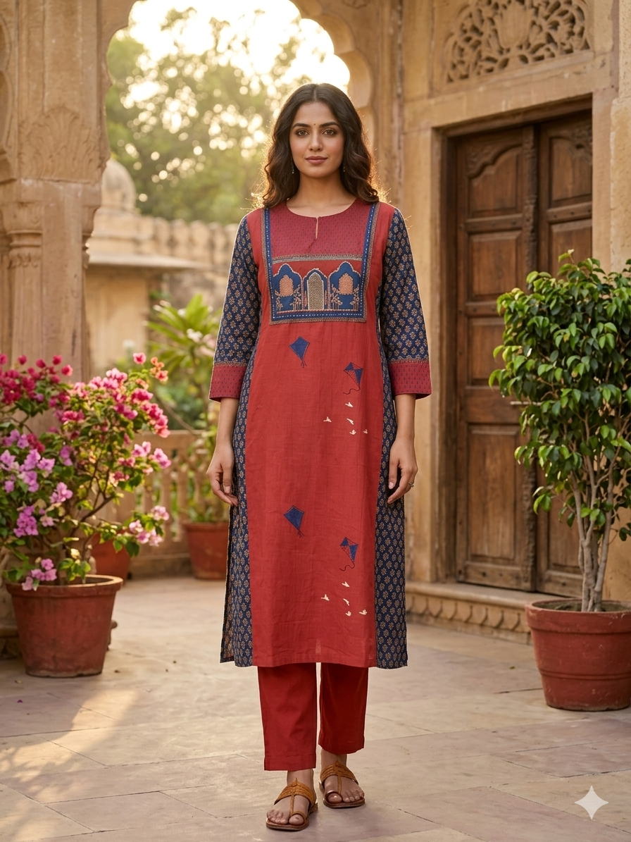 Rust Kite Motif Printed Cotton Kurta Pant Set