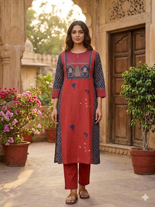 Rust Kite Motif Printed Cotton Kurta Pant Set