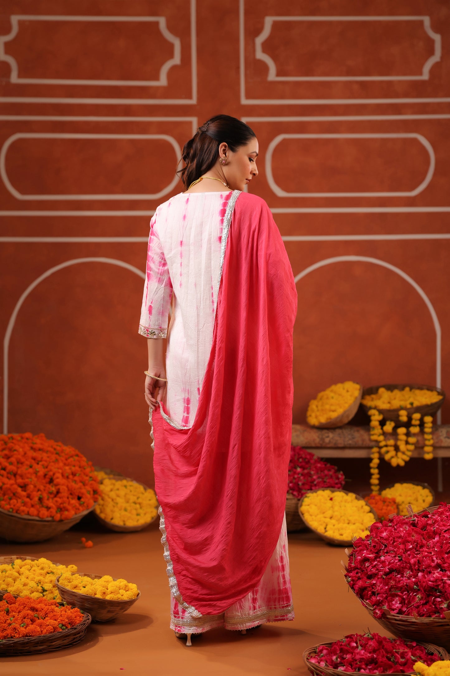 Pink Shibori Sharara Set - Suit Set Kurti Pant Dupatta Set