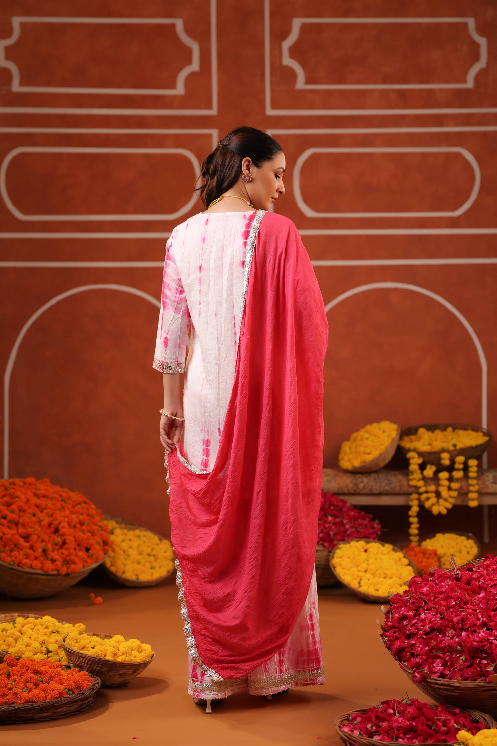 Pink Shibori Sharara Set - Suit Set Kurti Pant Dupatta Set